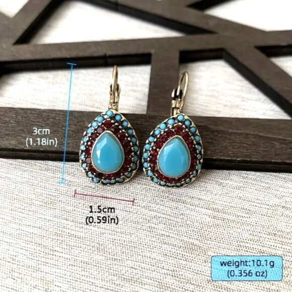 NEW Roman Revival Turquoise Blue Stone Tear Drop Earrings - Picture 4 of 4